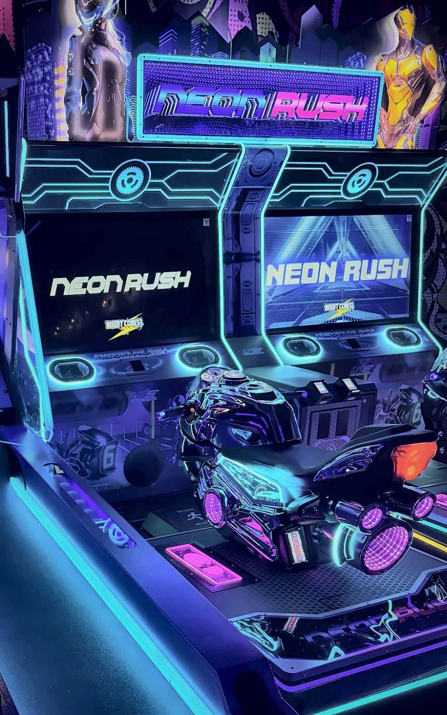Neon Rush motorcycle racing arcade cabinets glowing in cyan and purple
